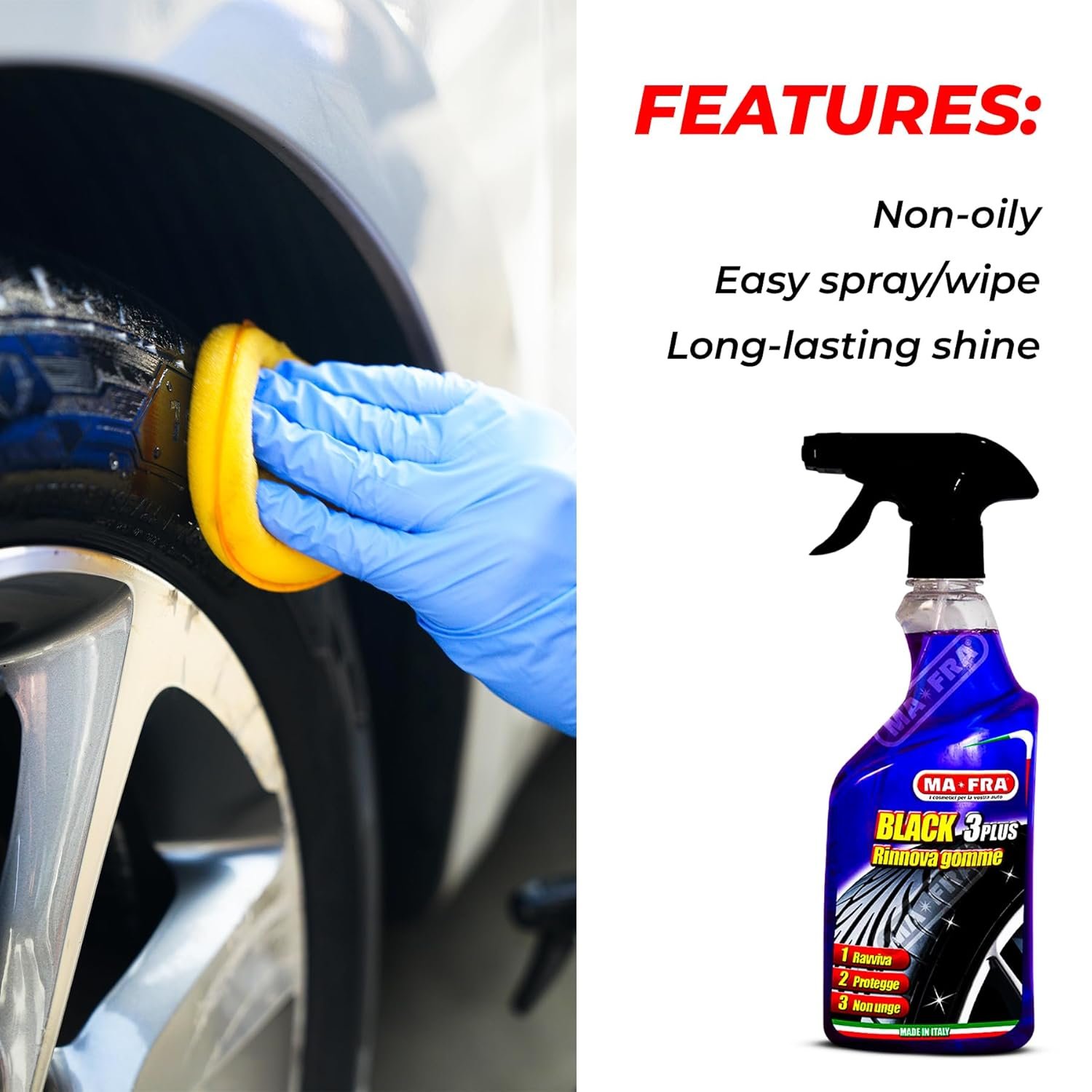 MAFRA Black 3Plus – 500ml Tire Blackener & Shiner | Renews, Softens & Protects Car Tyres